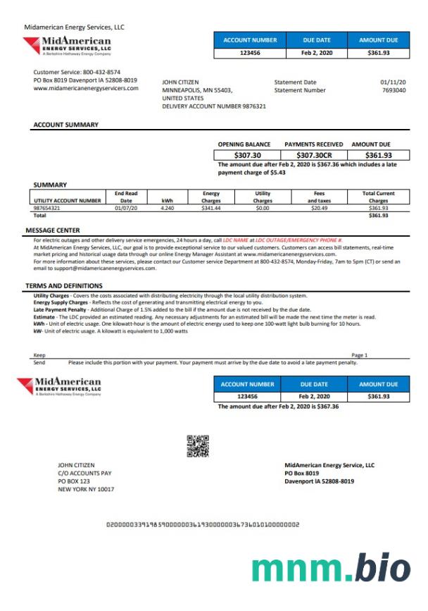 USA Iowa MidAmerican Energy Services rachunek za media szablon w formacie Word i PDF